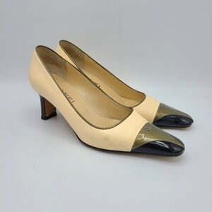 Vintage Chanel Logo Leather & Patent Pumps Beige Black Cap Toe Pumps Heels